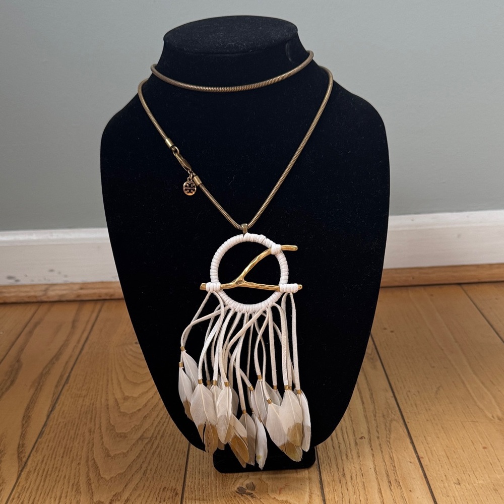Tory Burch‎ white leather dream catcher copper wishbone gold feather necklace